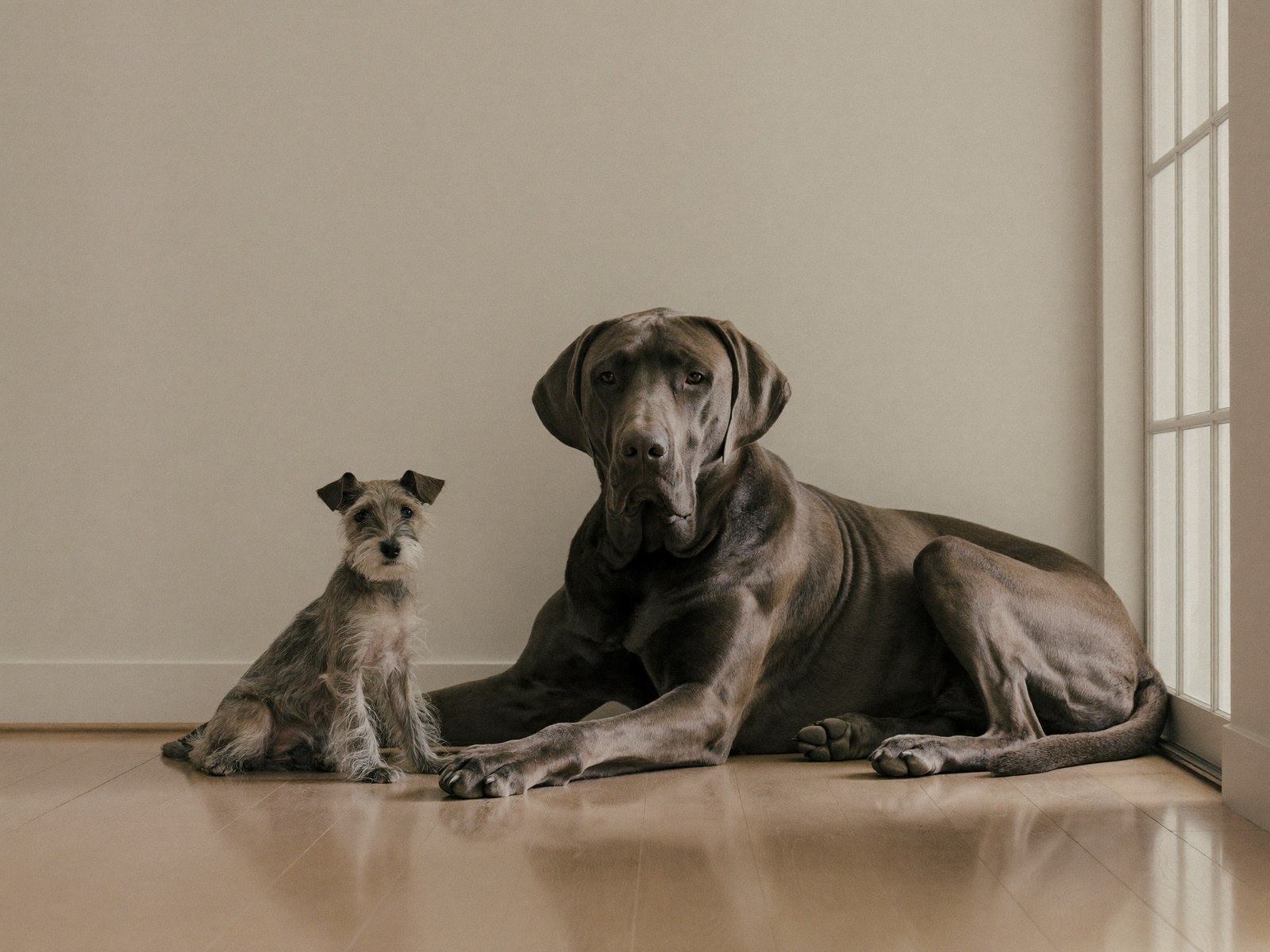 A small wiry terrier sitting beside a Great Dane lying on a wooden floor, showing the size difference between them