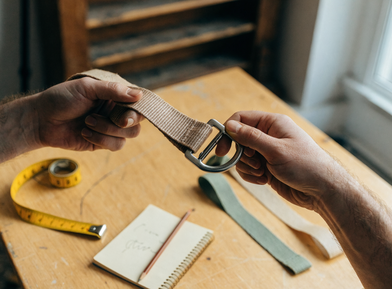 Hands testing harness webbing and a buckle beside a tape measure