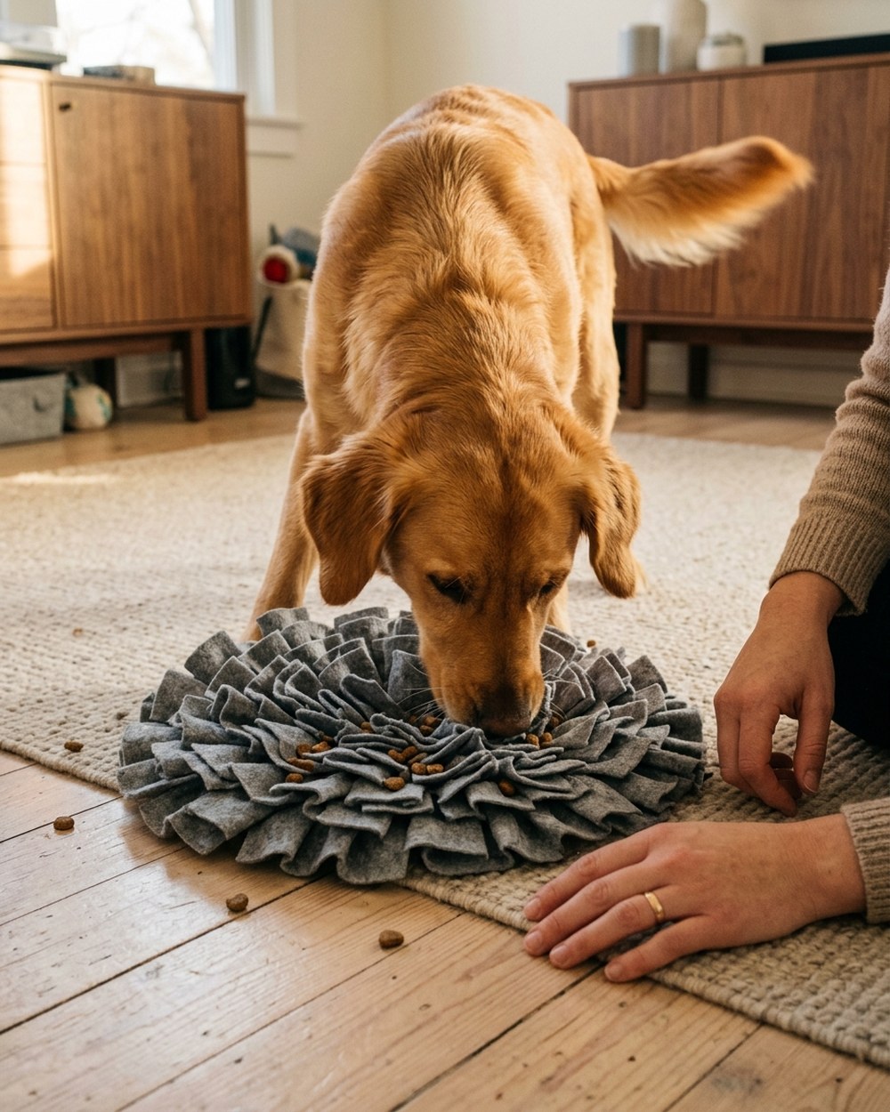 A golden retriever foraging in a Furlet snuffle mat on a rug at home