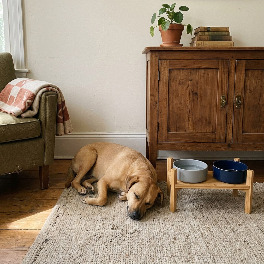 A dog asleep beside a Furlet raised feeding stand in a lived-in living room