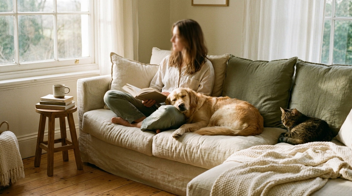 A person reading on a sofa with a dog asleep across their lap and a cat curled at the other end